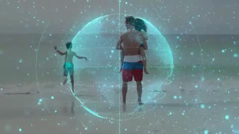 Father Holding Child on Shoulders Watching Another Child Running into Surf with Teal Digital Globe O