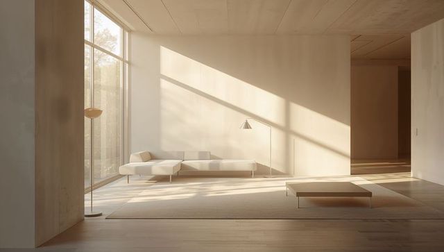 Minimalist living room with white sectional sofa