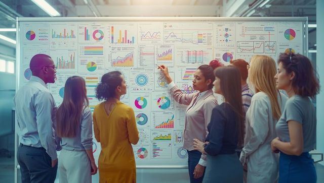 Diverse Team Analyzing Business Data on Presentation Board in Office