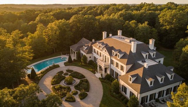 Aerial luxury estate with classical manor, pool and circular fountain drive at golden hour