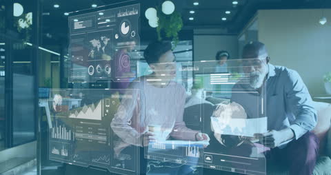 Diverse Colleagues Analyzing Data with Futuristic Interface