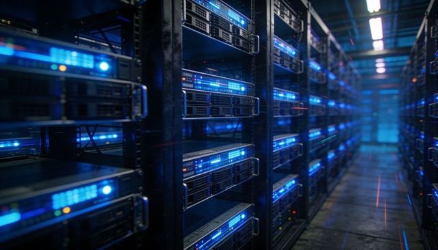 Blue-lit server rack aisle with high-density 1u servers and networking gear for cloud