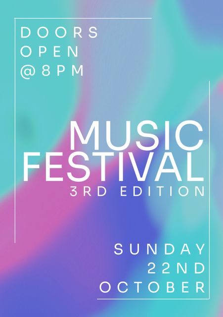 Eye-catching poster announces upcoming music festival. It features vibrant gradient background with clear bold text showing date, time, and event details. Useful for promoting events, concerts, festivals, and entertainment gatherings. Suitable for digital and print marketing campaigns.