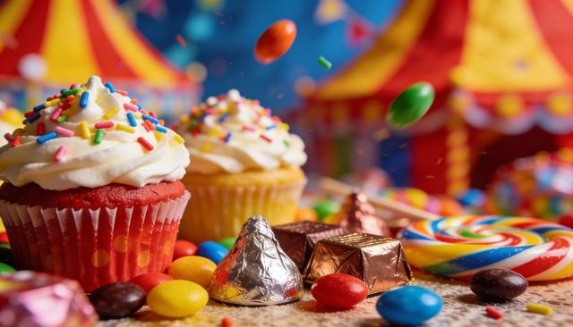 Carnival Cupcakes and Colorful Candy Spread with Rainbow Lollipop and Sprinkles