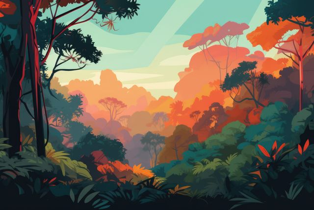Rainforest with tropical plants and clouds in blue sky, created using generative ai technology. Rainforest, nature and scenery concept digitally generated image.