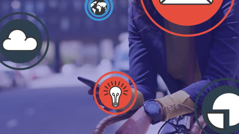 Young Professional Engaging with Mobile Technology Icons on Bike