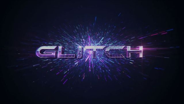 Futuristic neon glitch text with vibrant rays