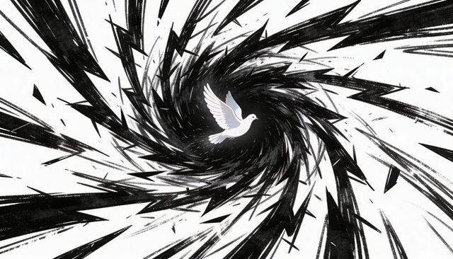 White dove soaring through black ink vortex with radiant halo and shattered shards