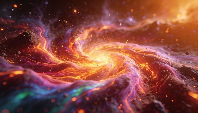 Luminous cosmic vortex of colorful filaments and sparks radiating from galactic core