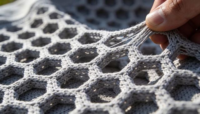 Hand pulling loose yarn on light gray hexagonal knit revealing frayed honeycomb texture