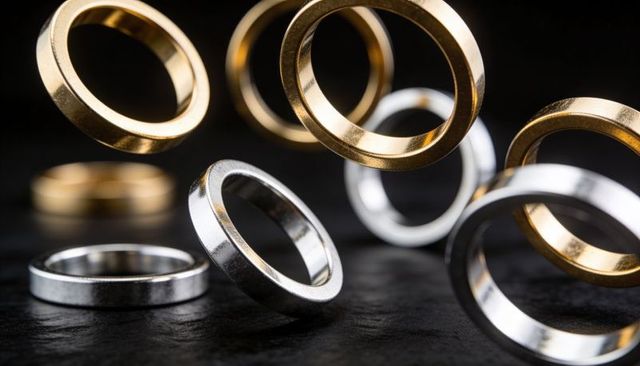 Floating gold and silver rings glinting over dark slate tabletop with polished reflections