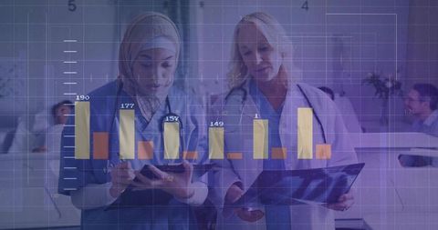 Nurse wearing hijab and physician reviewing medical analytics dashboard on tablet with x-ray overlay