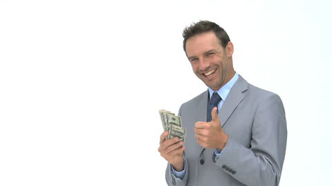 Smiling Businessman Holding Money Giving Thumbs Up
