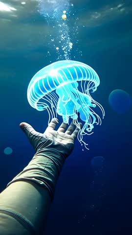 Diver reaching for bioluminescent jellyfish as bubbles guide gloved hand through blue ocean