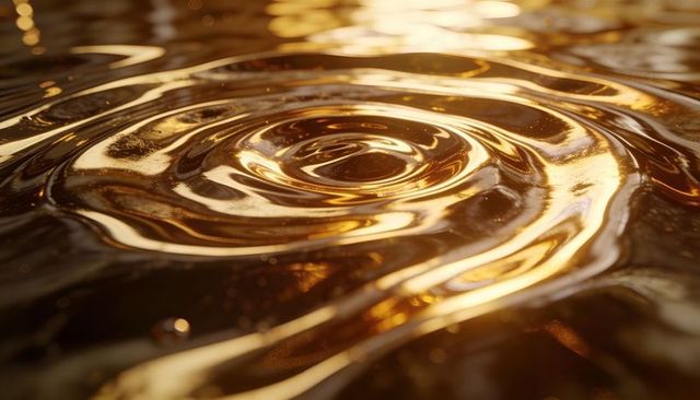Golden liquid ripples macro close-up reflective bronze rings luxury abstract texture glow