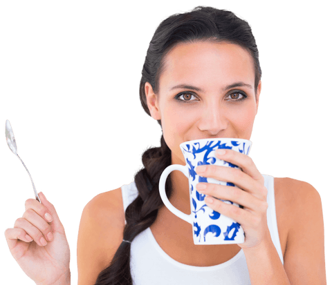 Brunette Woman Enjoying Tea with Transparent Blue and White Mug