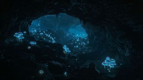 Bioluminescent mushrooms illuminating mystical cavern