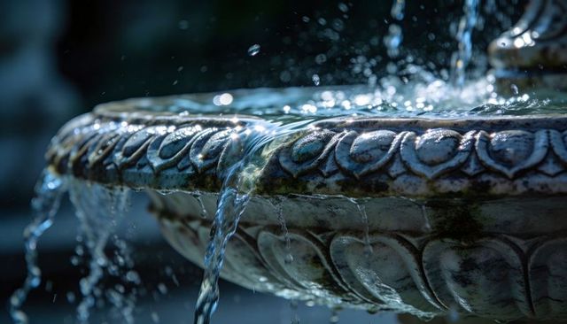 Ornate stone fountain flowing over carved rim with moss patina and sparkling droplets