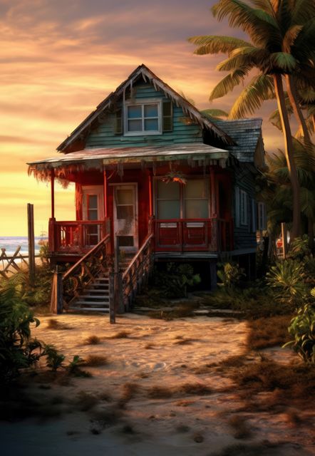 Old wooden bungalow in sunset at seaside, created using generative ai technology. Home, architecture and property concept digitally generated image.