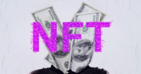 Holding fanned us dollar bills over face with magenta nft text overlay, money anonymity