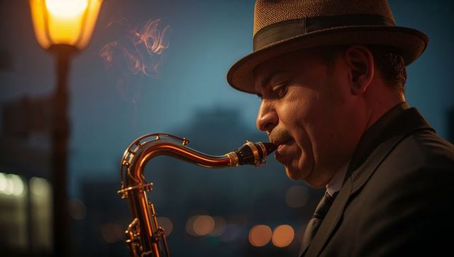 Nocturnal Saxophonist Playing Tenor Sax Under City Street Lamp Wearing Fedora and Suit