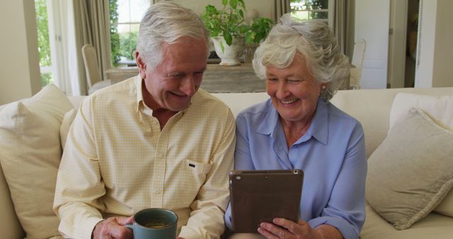 Caucasian senior couple smiling while using digital tablet together sitting on the couch at home. retirement senior couple lifestyle living concept