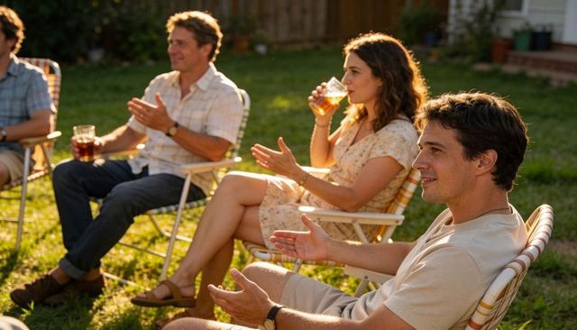 Friends chatting in backyard at golden hour, man gesturing while others sipping drinks
