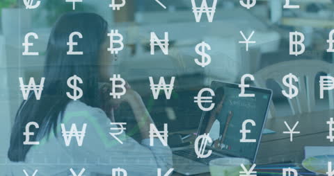 Currency Symbols Over Video Call Concept for Business and Finance