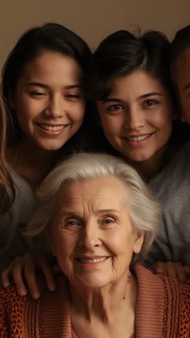 Vertical family video: Grandmother and granddaughters sharing warm intergenerational moment
