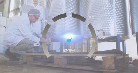 Scientists Data Processing with Futuristic Overlay in Factory Setting