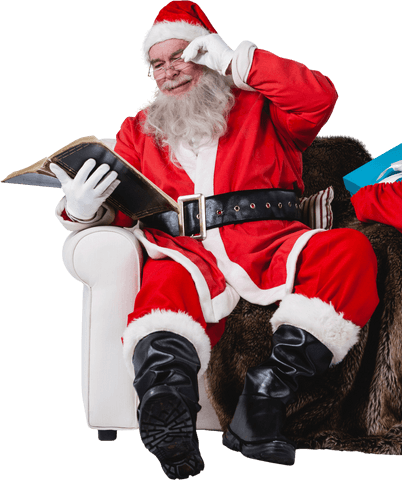 Transparent Santa Claus Reading with Sack of Gifts Next to Him