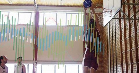 Athlete Dunking Basketball in Gymnasium with Data Projection