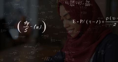 Woman in headscarf solving equations with floating formulas