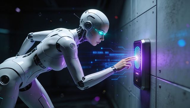 Android accessing biometric scanner with neon hologram interface, cyber security concept