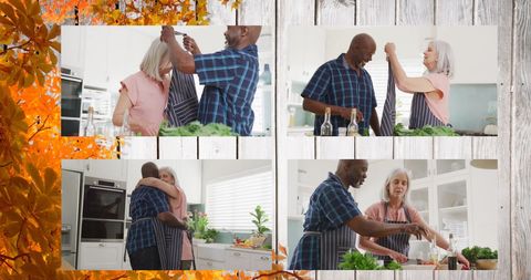 Senior Mixed Couple Cooking Together in Cozy Kitchen Environment