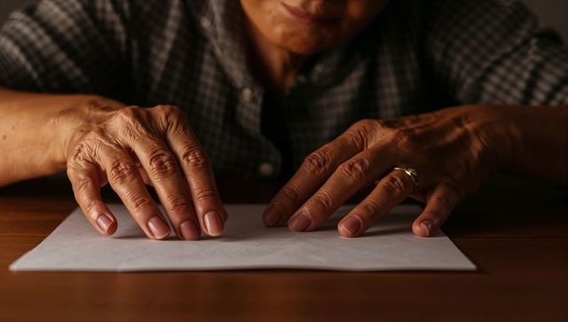 Senior woman resting hands on blank paper at wooden table in warm low light