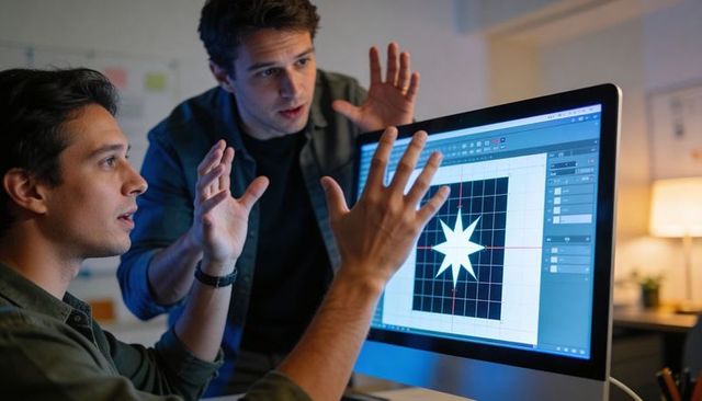 Two Men Collaborating on Logo Design at Desktop Computer, Pointing and Brainstorming