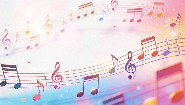 Flowing colorful musical notes and treble clefs on pastel gradient staves for music design