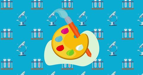 Color palette and brush on science icons background