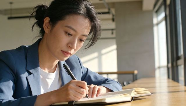 Asian woman writing in notebook in sunlit modern coworking space, focused and productive