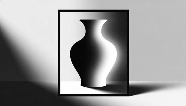 Framed vase silhouette casting dramatic shadows on minimal monochrome surface