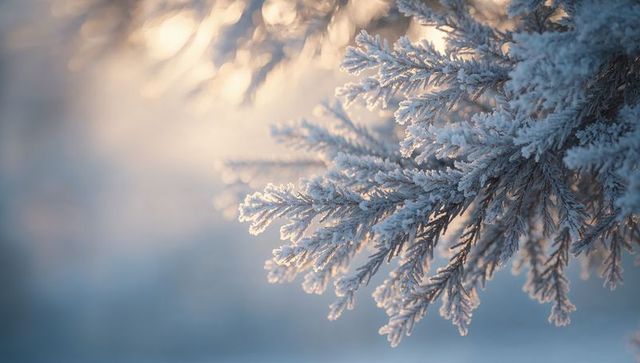 Frosted evergreen branch in warm backlight showing crystalline ice and soft bokeh