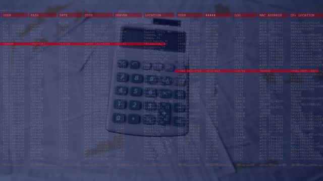 The video depicts data processing animation over a calculator and documents, representing business and financial analysis technology. Ideal for illustrating technology integration in finance, accounting services, financial technology (fintech), business data analysis, presentations on modern business practices, and finance-related websites.