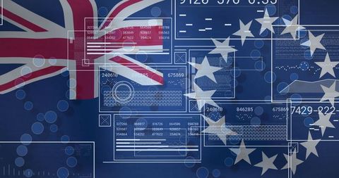 Union jack and eu stars with futuristic user interface panel