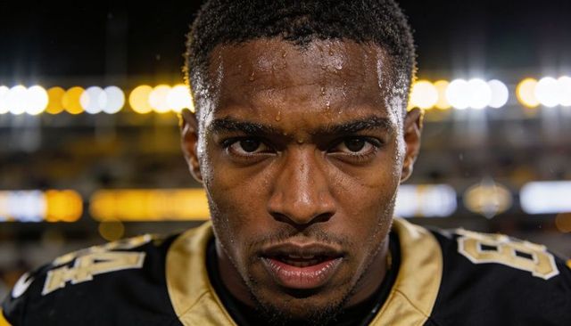 Intense football portrait sweating under stadium lights close-up night game determination