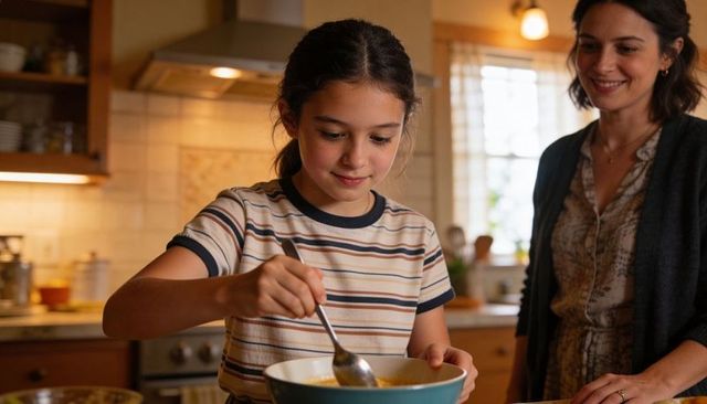 Preteen girl stirring batter in cozy sunlit kitchen while mother watches and smiles warmly