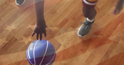 African American Youth Dribbling Basketball with USA Flag Overlay