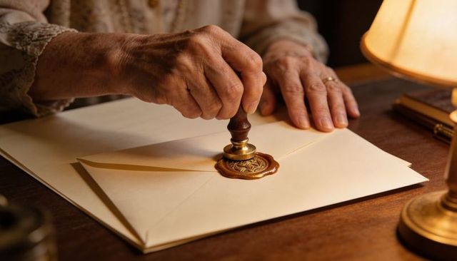 Senior woman sealing wax envelope with ornate brass seal on vintage desk by lamp
