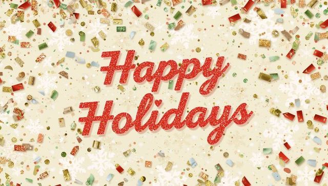 Red glitter happy holidays confetti with gold foil, snowflake accents, festive typography