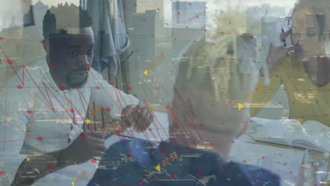 Business Team Analyzing Financial Data with Overlayed Charts